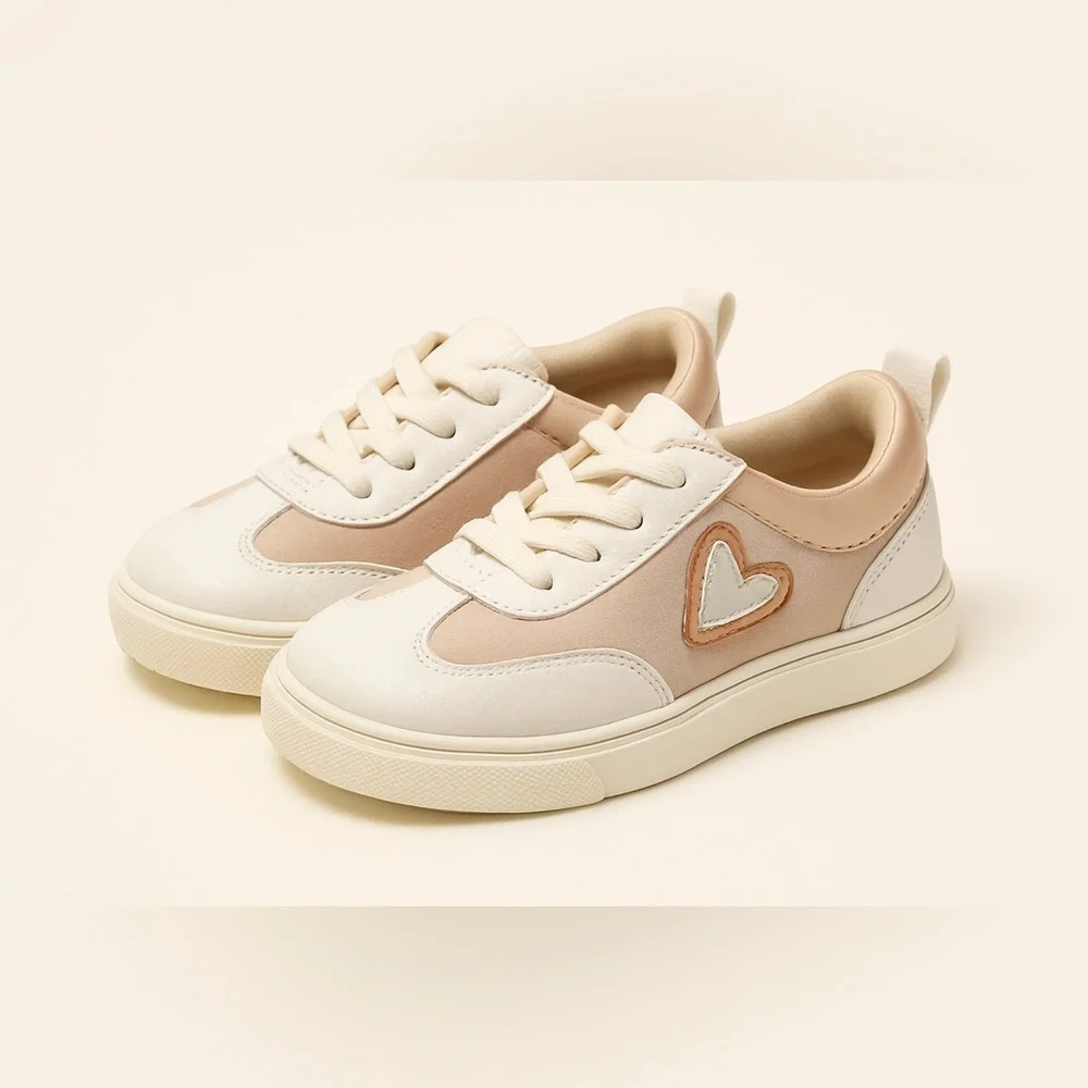 Old Navy White and Rose Gold Tan Suede Retro slip-on Sneakers with Heart Accent